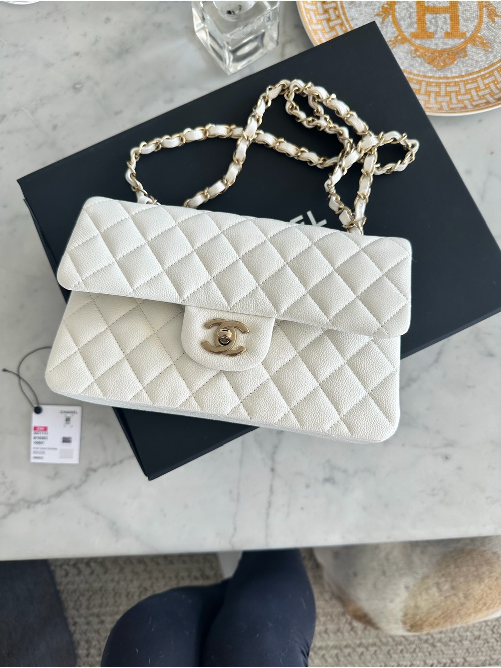 CHANEL Small Classic Flap White Caviar Leather Light Gold Chain